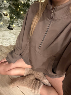 MAMA EMELIE FRENCH TERRY HALF ZIP SHORT SET (HOT COCOA)