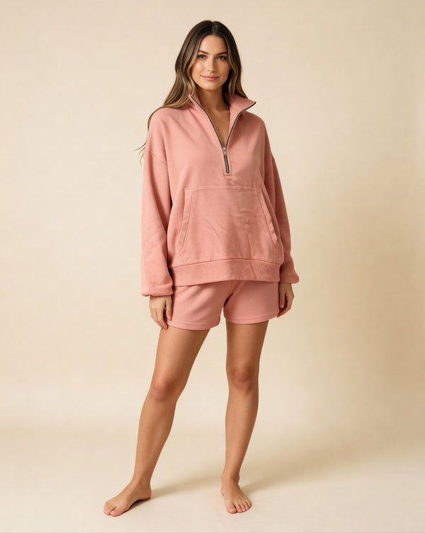 MAMA EMELIE FRENCH TERRY HALF ZIP SHORT SET (DUSTY ROSE)