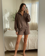 MAMA EMELIE FRENCH TERRY HALF ZIP SHORT SET (HOT COCOA)