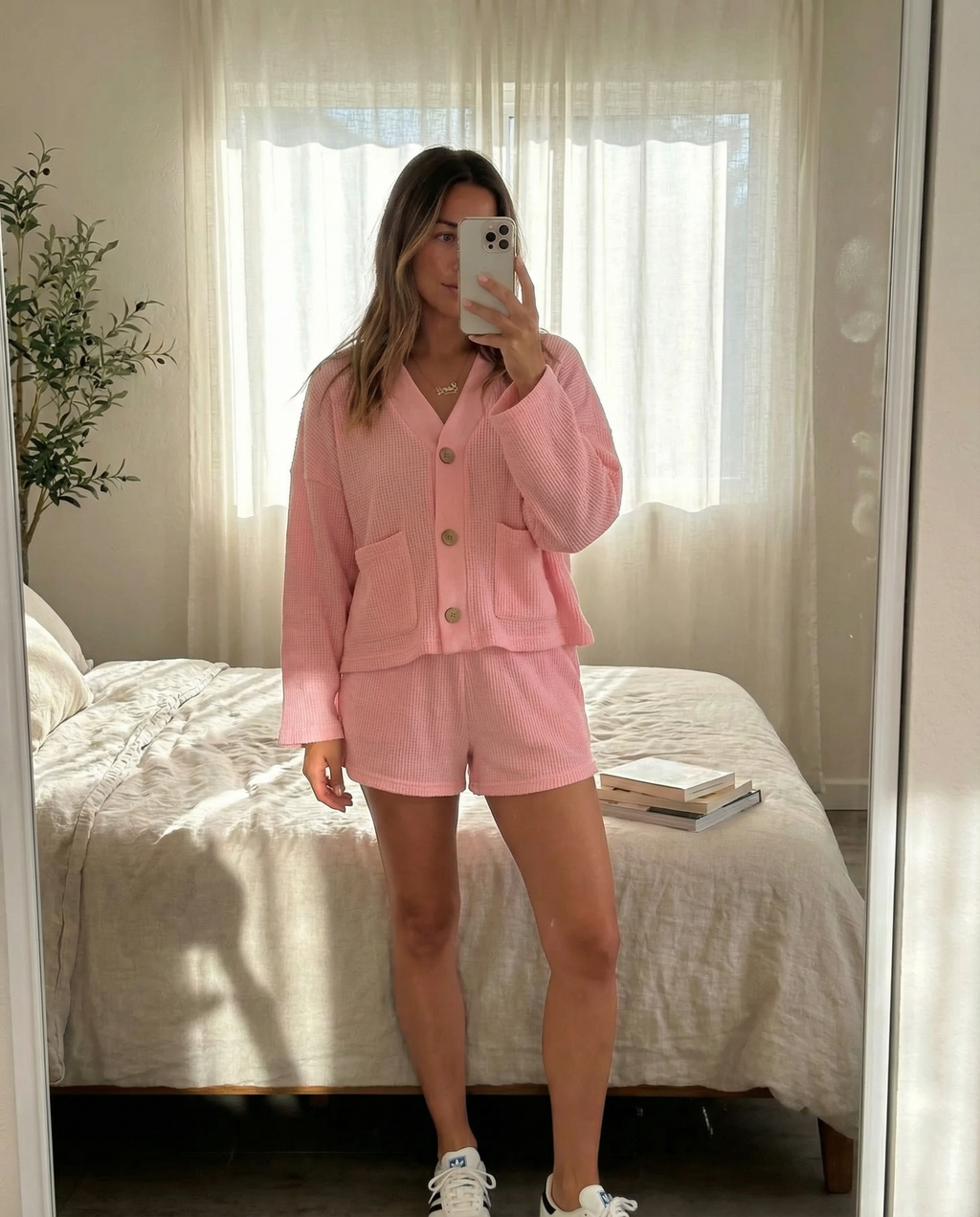 MAMA CARDI WAFFLE TOP + SHORTS SET (BARBIE PINK)