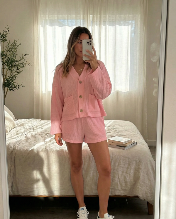 MAMA CARDI WAFFLE TOP + SHORTS SET (BARBIE PINK)