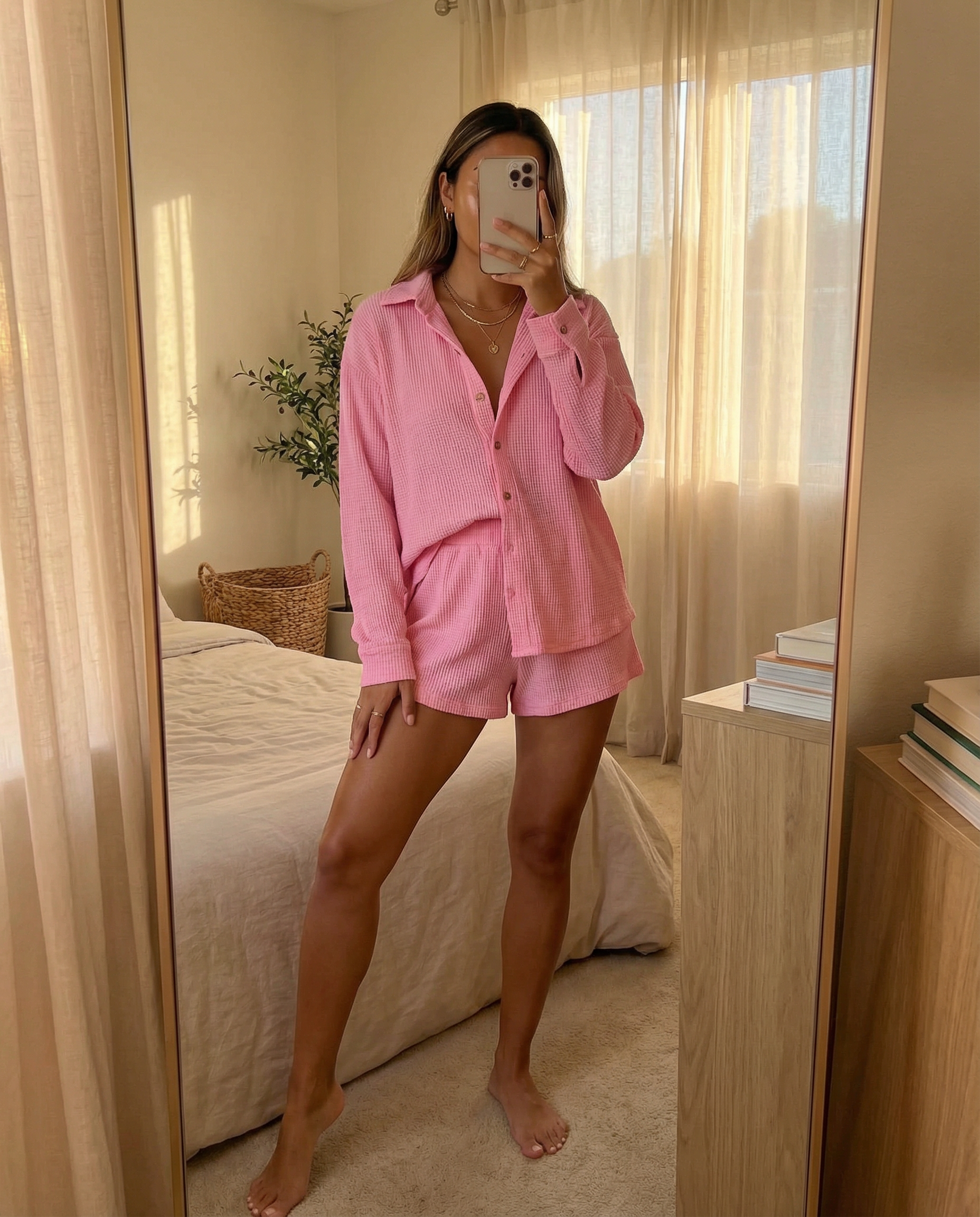 MAMA SHACKET WAFFLE TOP + SHORTS SET (BARBIE PINK)