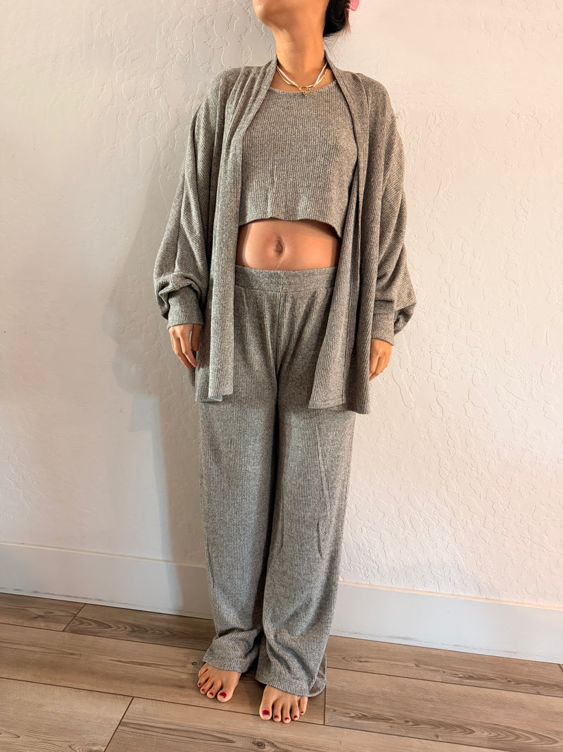 MAMMA HEATHER GREY RIBBED LOUNGE SET – WIDE-LEG PANTS