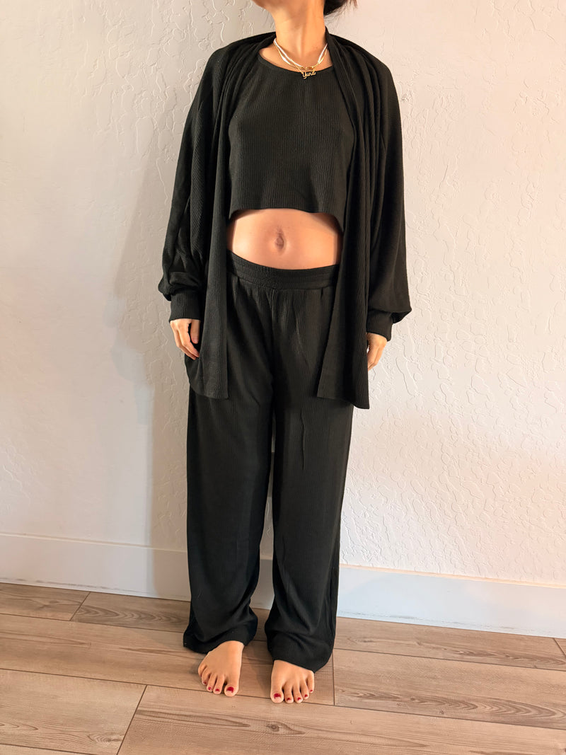 MAMMA BLACK RIBBED LOUNGE SET – WIDE-LEG PANTS