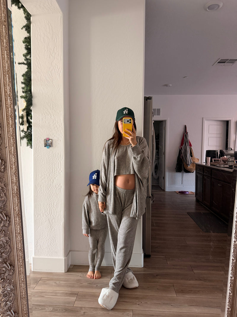 MAMMA HEATHER GREY RIBBED LOUNGE SET – WIDE-LEG PANTS