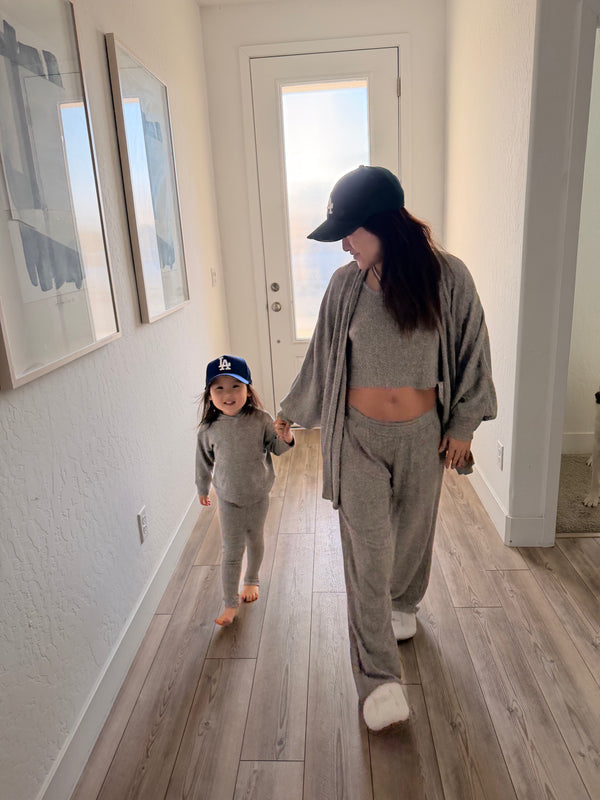 MAMMA HEATHER GREY RIBBED LOUNGE SET – WIDE-LEG PANTS