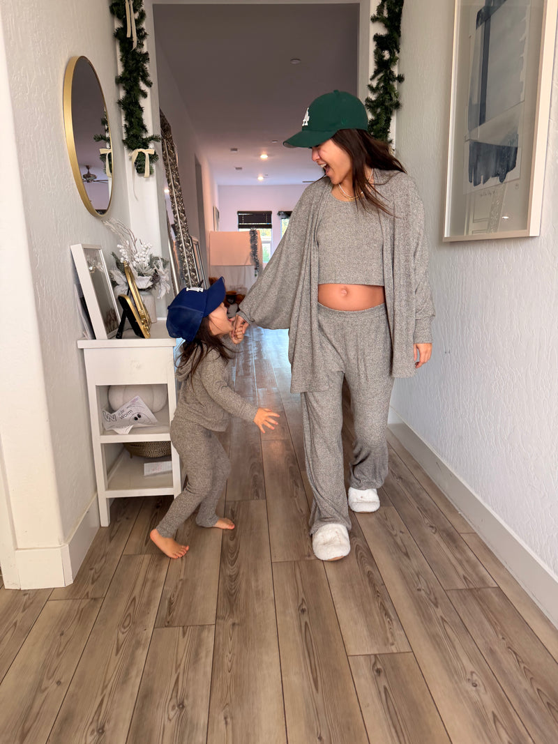 MAMMA HEATHER GREY RIBBED LOUNGE SET – WIDE-LEG PANTS