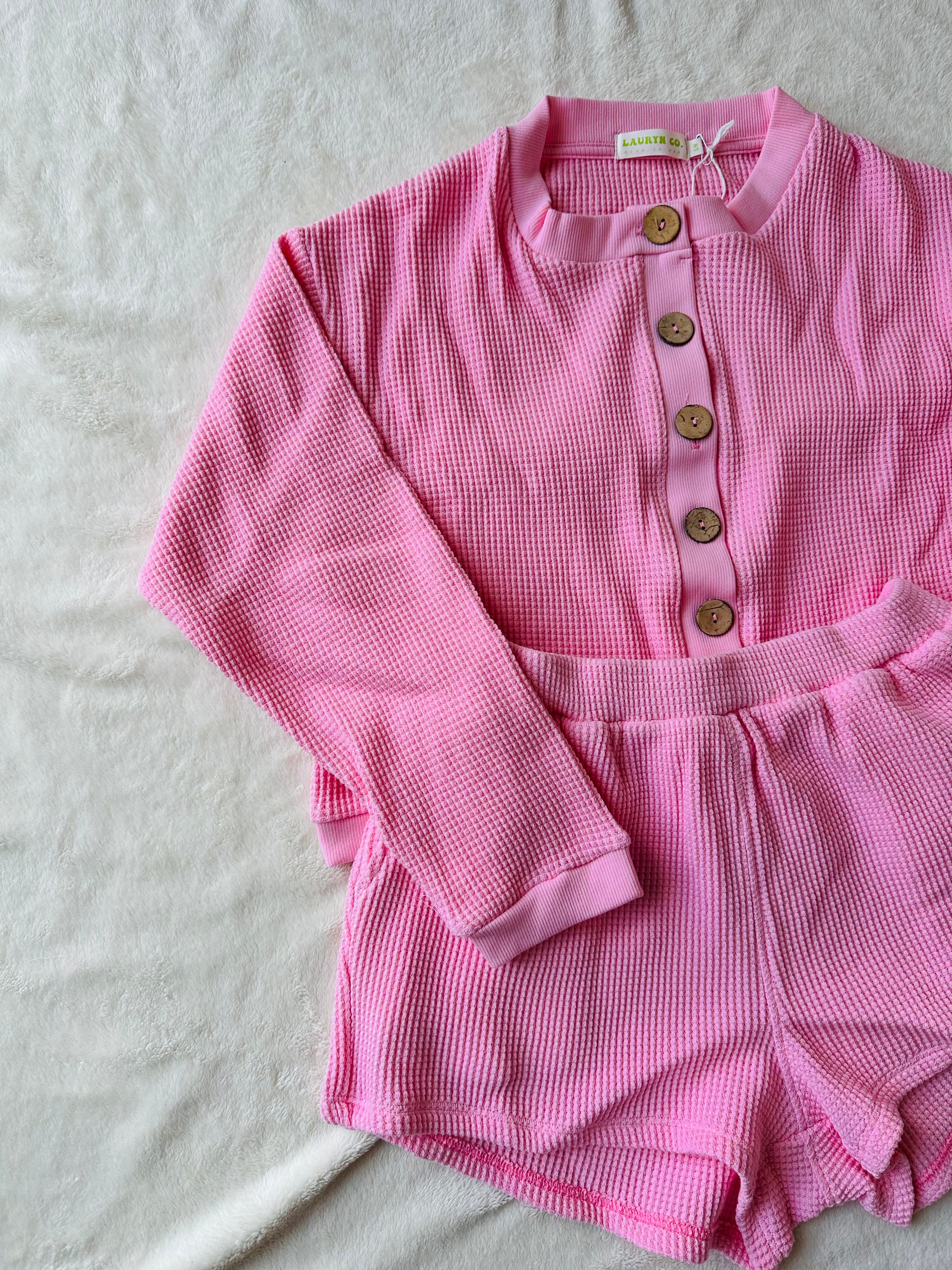 MAMA IVY WAFFLE TOP + SHORTS SET (BARBIE PINK)