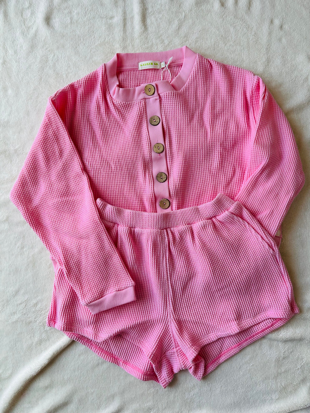 MAMA IVY WAFFLE TOP + SHORTS SET (BARBIE PINK)