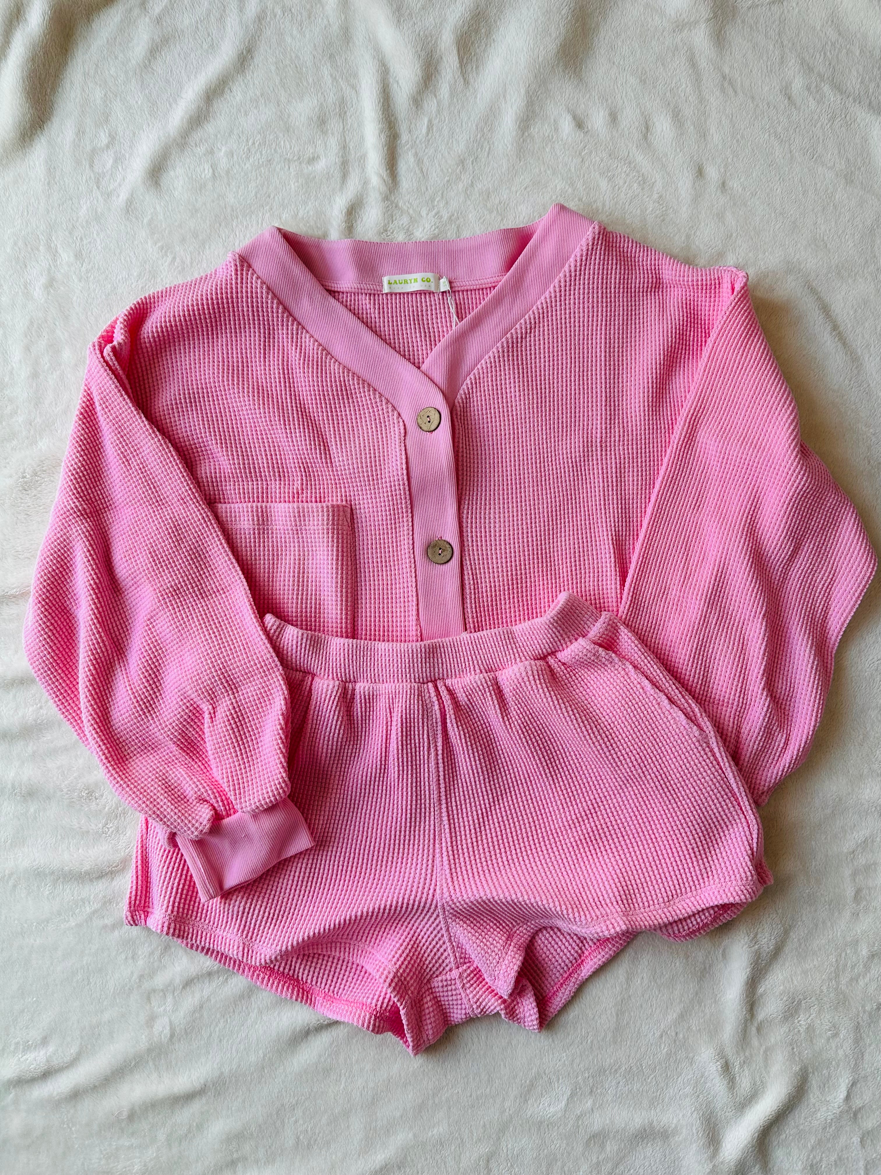 MAMA CARDI WAFFLE TOP + SHORTS SET (BARBIE PINK)