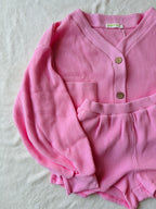 MAMA CARDI WAFFLE TOP + SHORTS SET (BARBIE PINK)