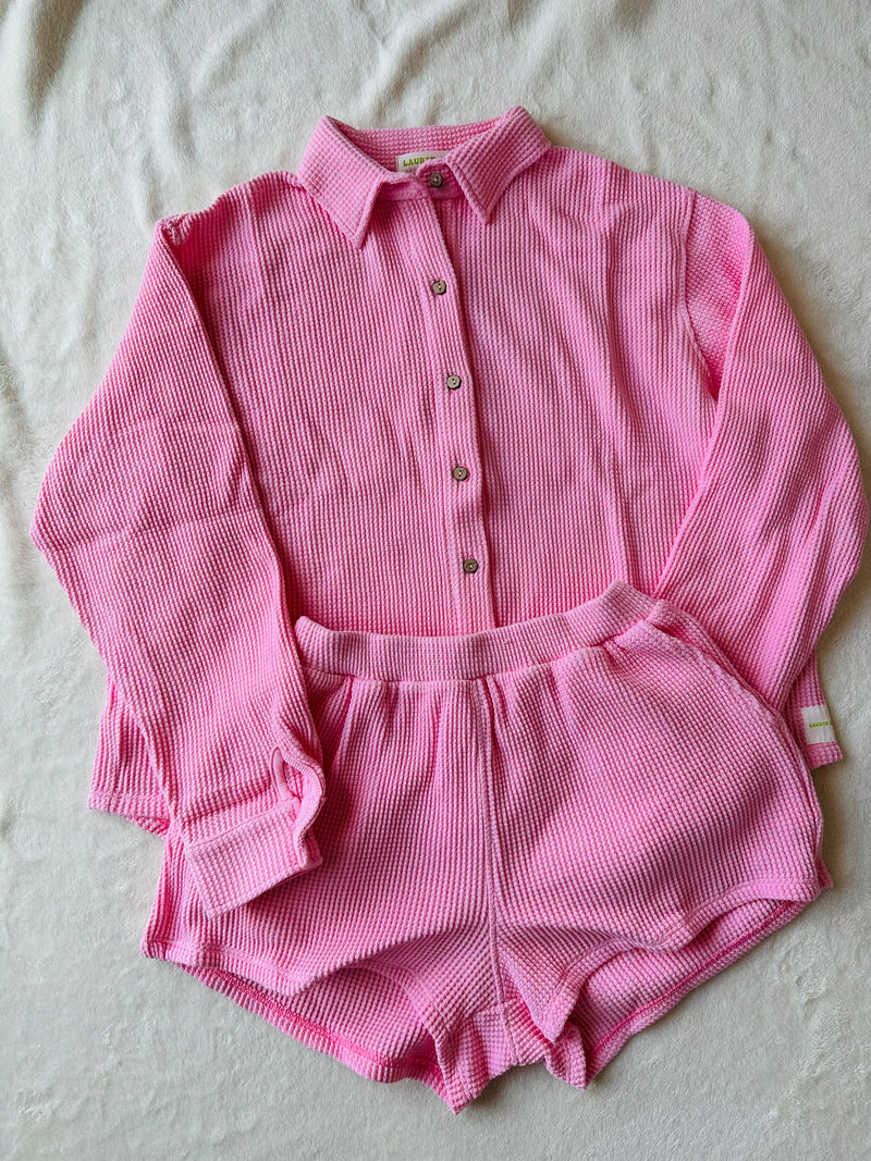 MAMA SHACKET WAFFLE TOP + SHORTS SET (BARBIE PINK)