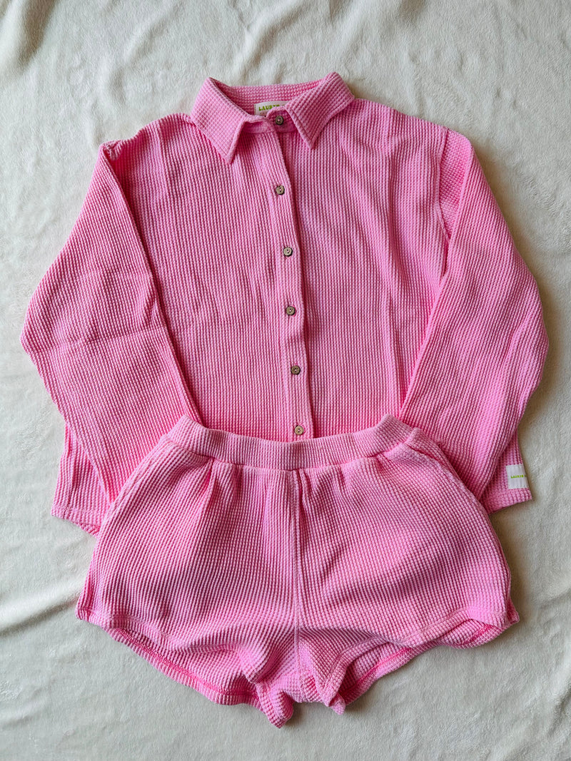 MAMA SHACKET WAFFLE TOP + SHORTS SET (BARBIE PINK)