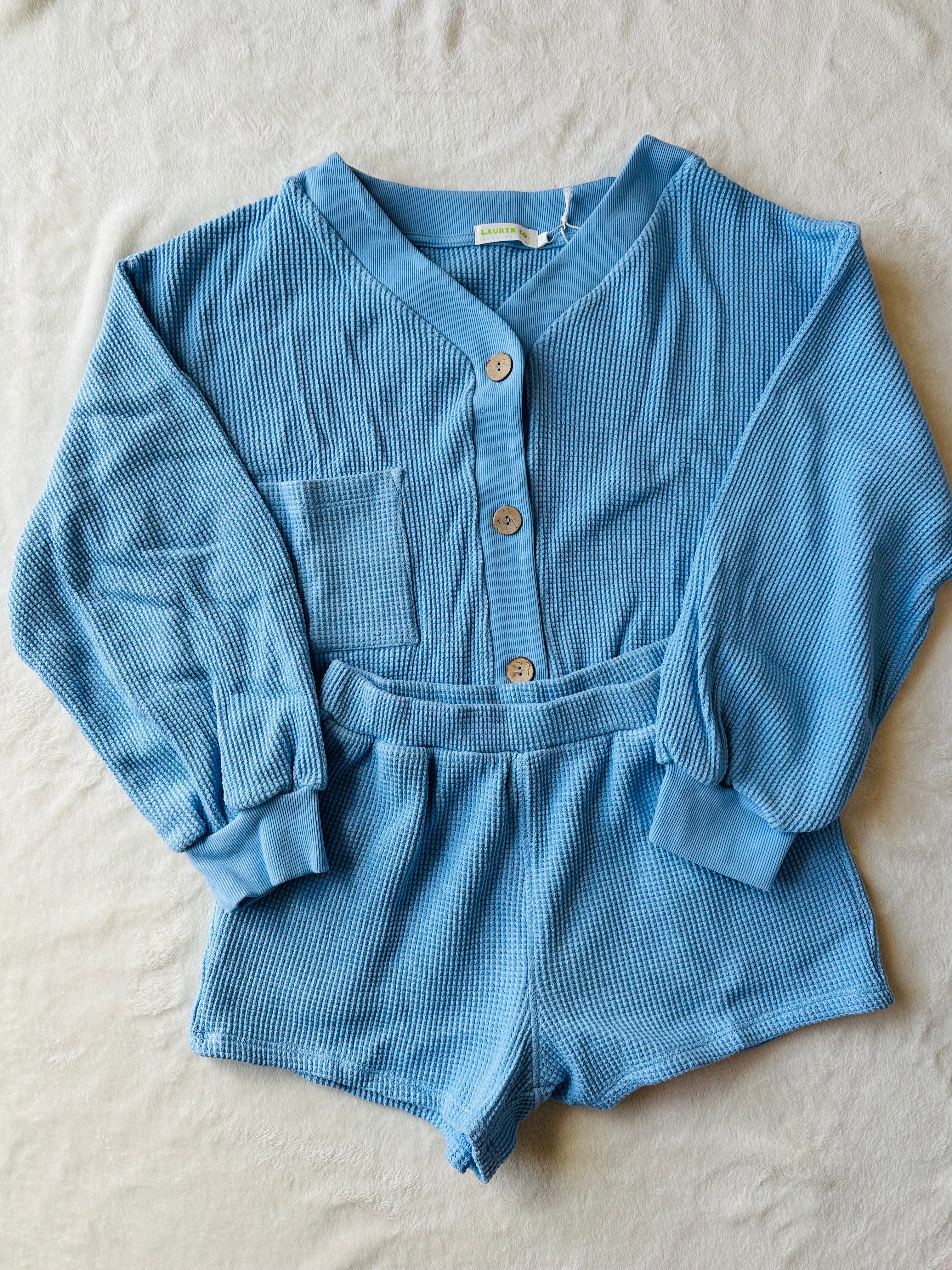 MAMA CARDI WAFFLE TOP + SHORTS SET (SKY BLUE)