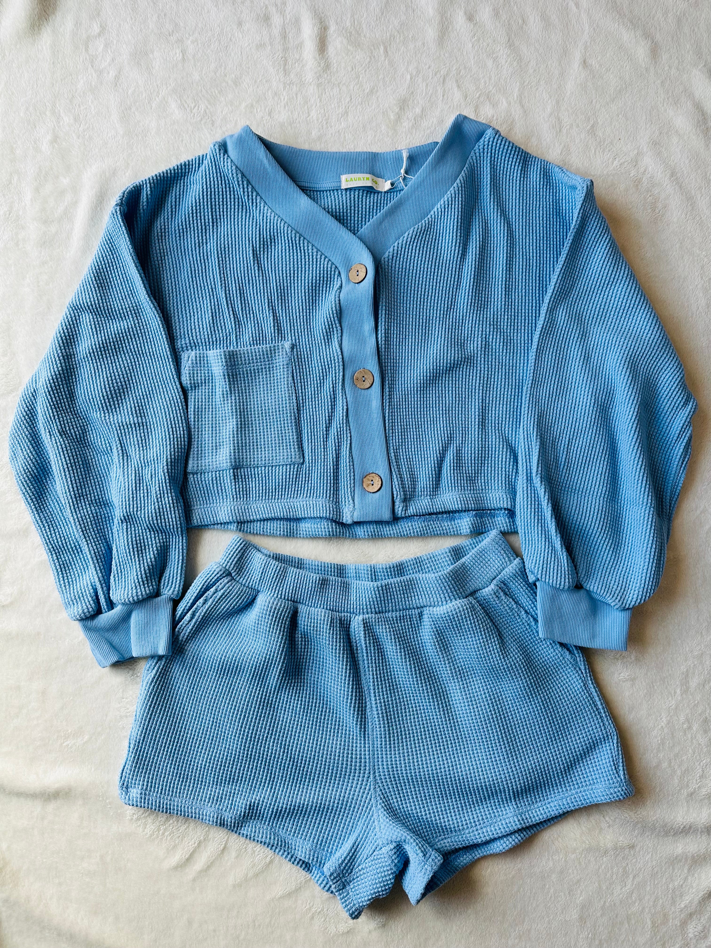 MAMA CARDI WAFFLE TOP + SHORTS SET (SKY BLUE)