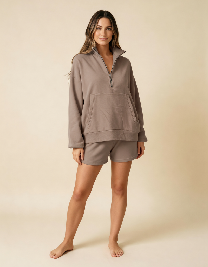 MAMA EMELIE FRENCH TERRY HALF ZIP SHORT SET (HOT COCOA)