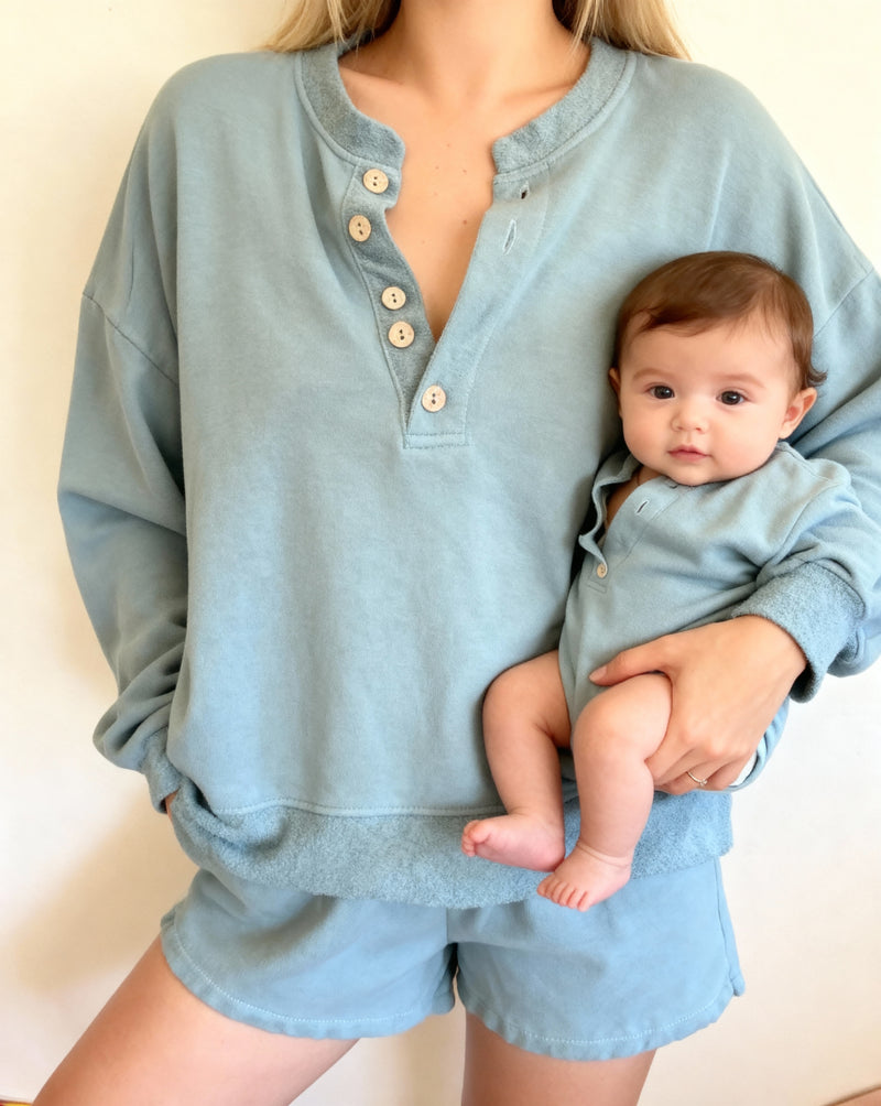 MAMA FRENCH TERRY HENLEY SHORT SET (SLATE)