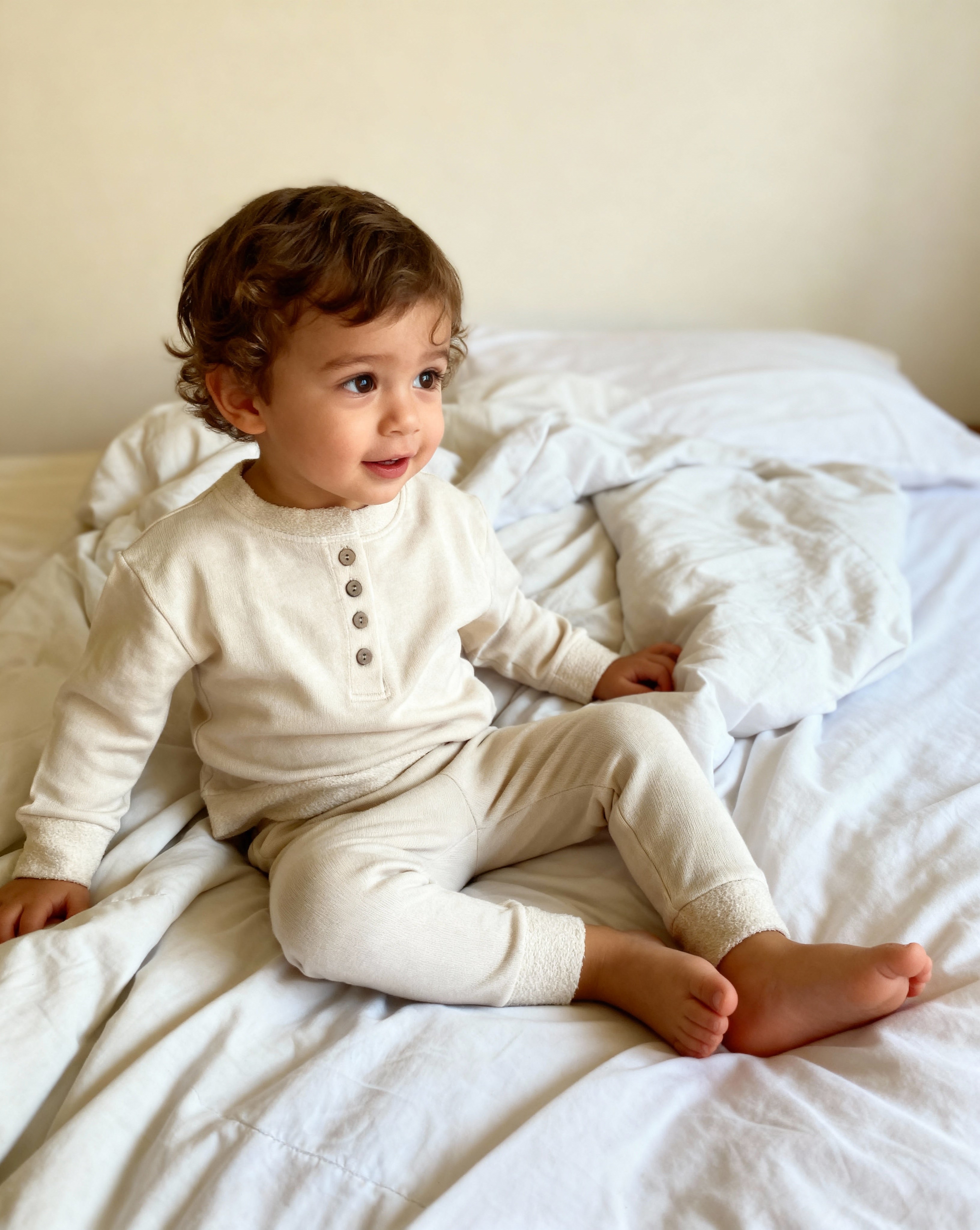 TODDLER FRENCH TERRY HENLEY SET (CREAM)