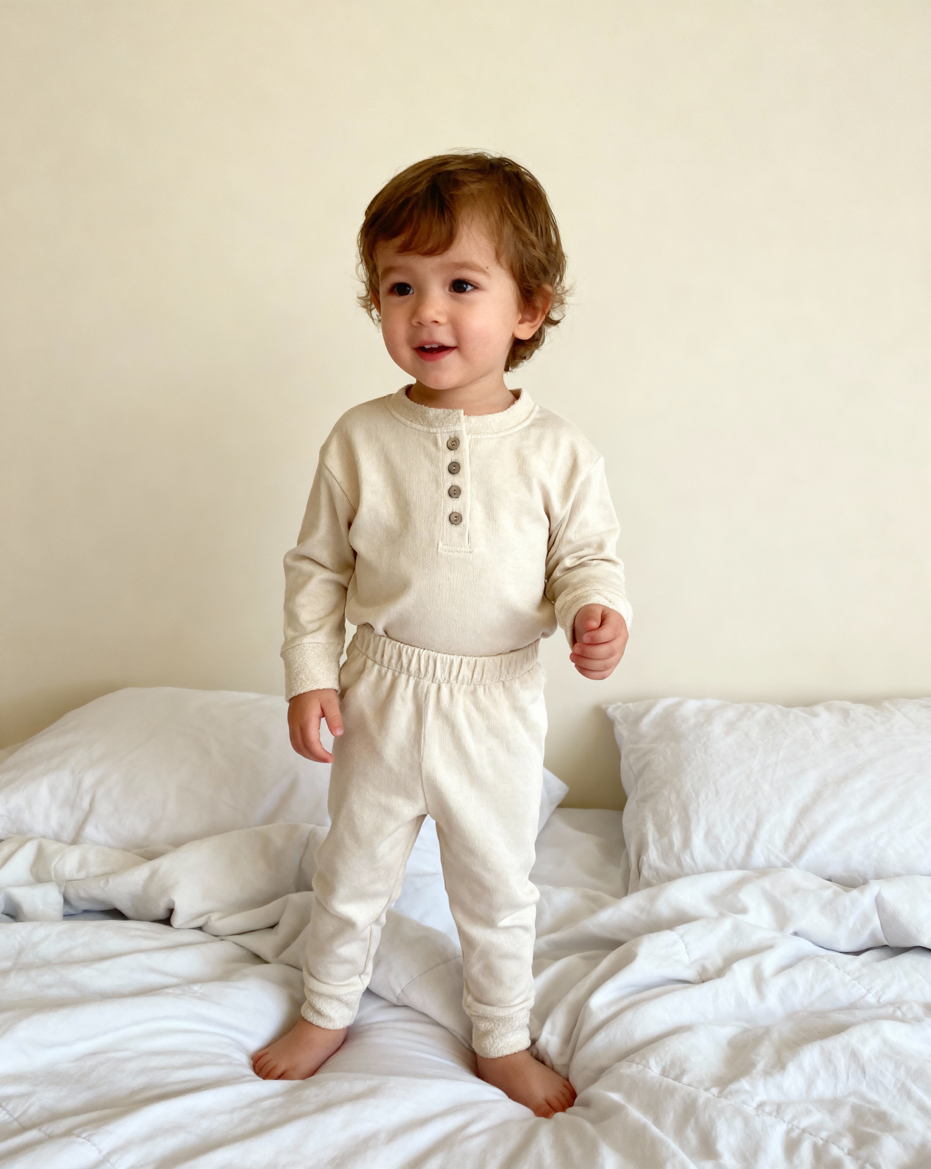 TODDLER FRENCH TERRY HENLEY SET (CREAM)