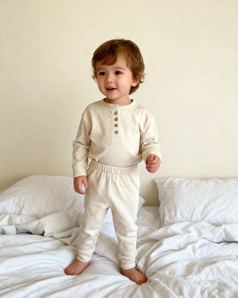 TODDLER FRENCH TERRY HENLEY SET (CREAM)