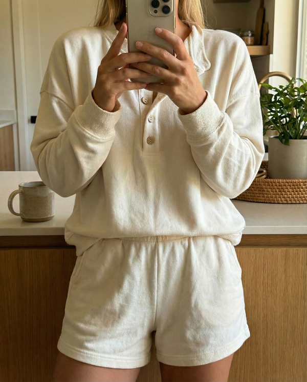 MAMA FRENCH TERRY HENLEY SHORT SET (CREAM)