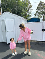 MAMA CARDI WAFFLE TOP + SHORTS SET (BARBIE PINK)