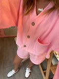 MAMA CARDI WAFFLE TOP + SHORTS SET (BARBIE PINK)