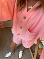 MAMA CARDI WAFFLE TOP + SHORTS SET (BARBIE PINK)