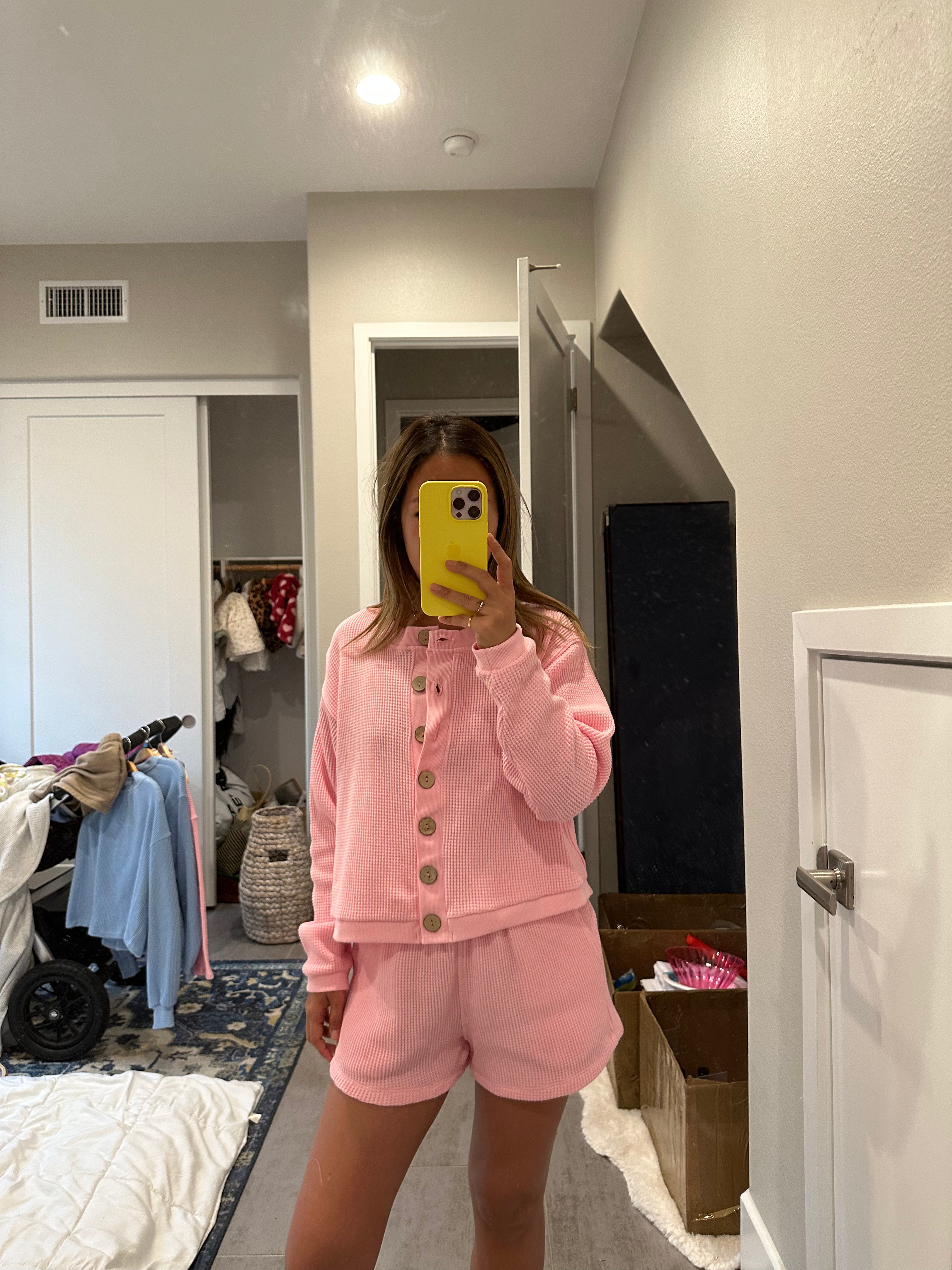 MAMA IVY WAFFLE TOP + SHORTS SET (BARBIE PINK)