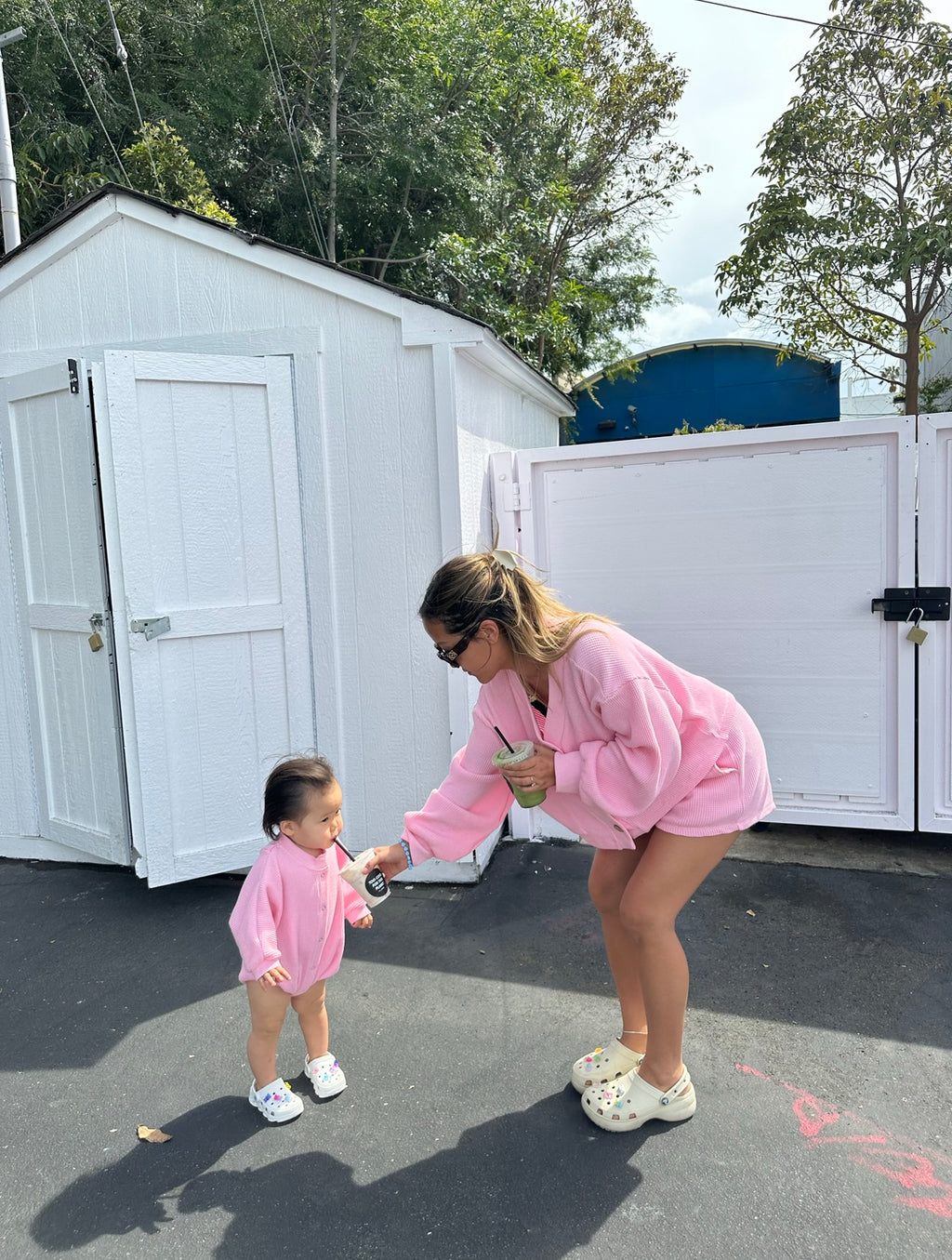 MAMA CARDI WAFFLE TOP + SHORTS SET (BARBIE PINK)