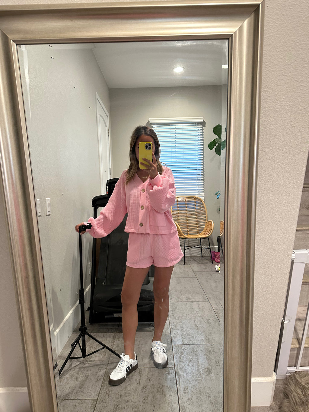 MAMA CARDI WAFFLE TOP + SHORTS SET (BARBIE PINK)