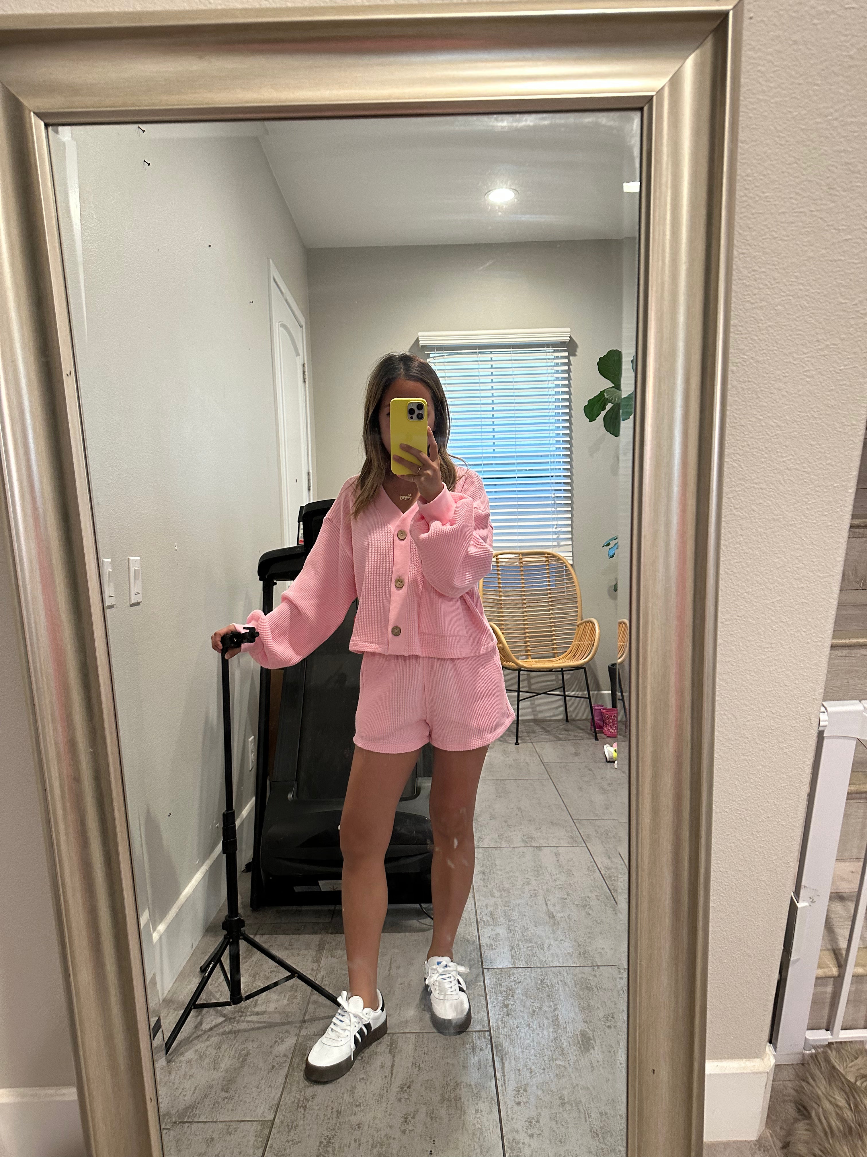 MAMA CARDI WAFFLE TOP + SHORTS SET (BARBIE PINK)