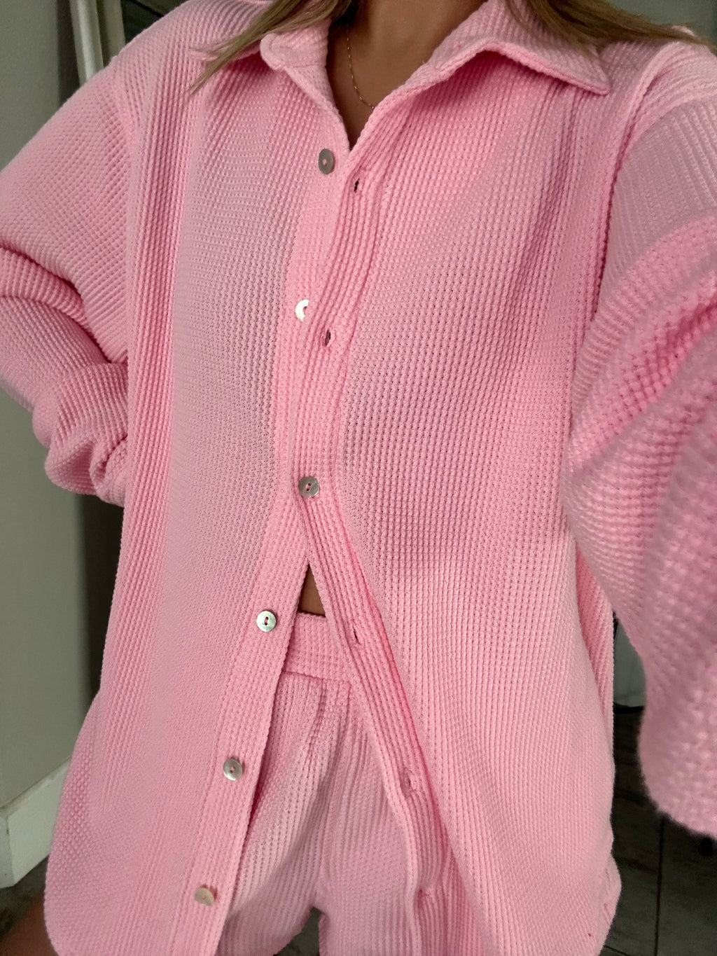 MAMA SHACKET WAFFLE TOP + SHORTS SET (BARBIE PINK)