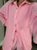 MAMA SHACKET WAFFLE TOP + SHORTS SET (BARBIE PINK)