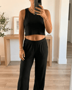 MAMMA BLACK RIBBED LOUNGE SET – WIDE-LEG PANTS