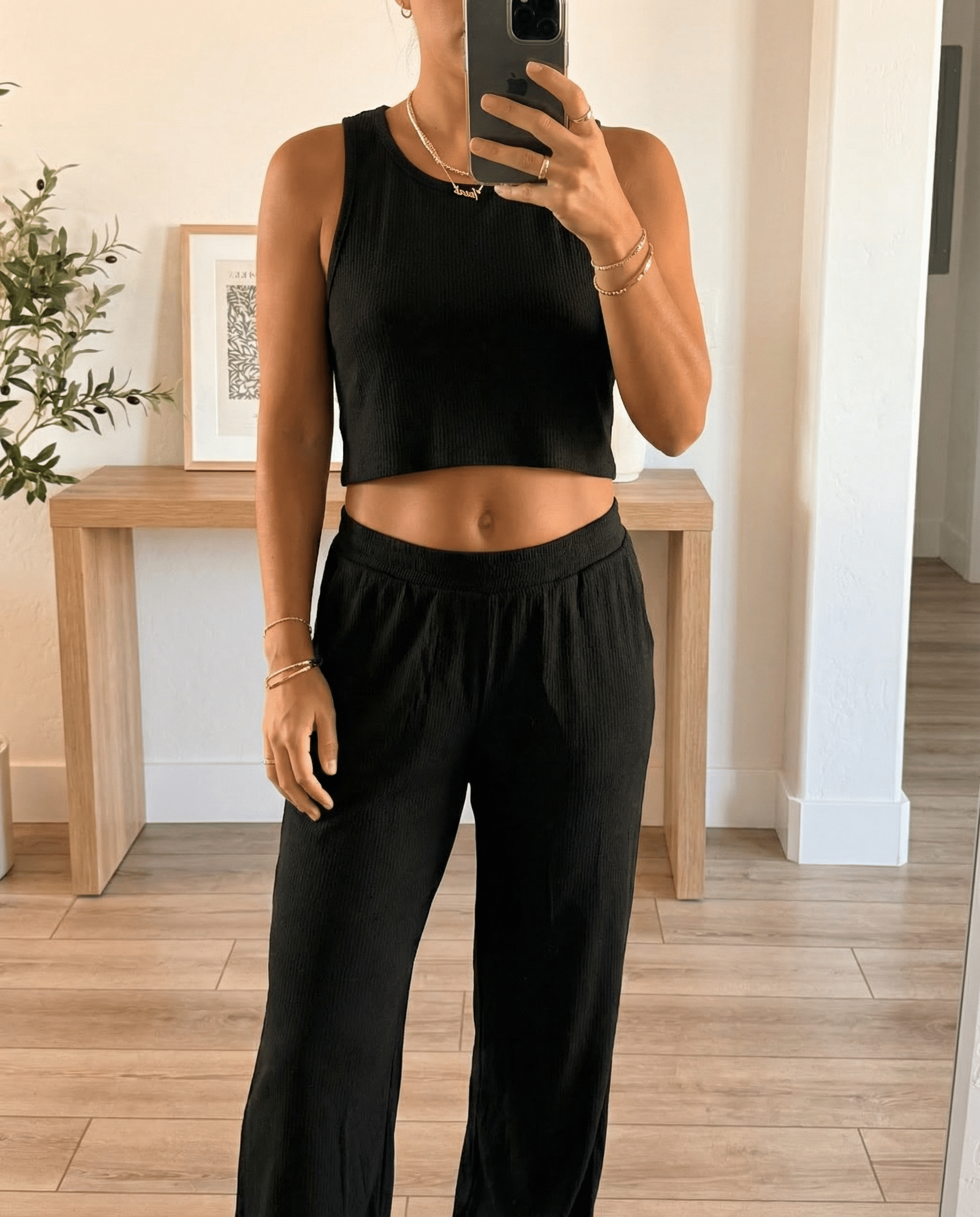 MAMMA BLACK RIBBED LOUNGE SET – WIDE-LEG PANTS
