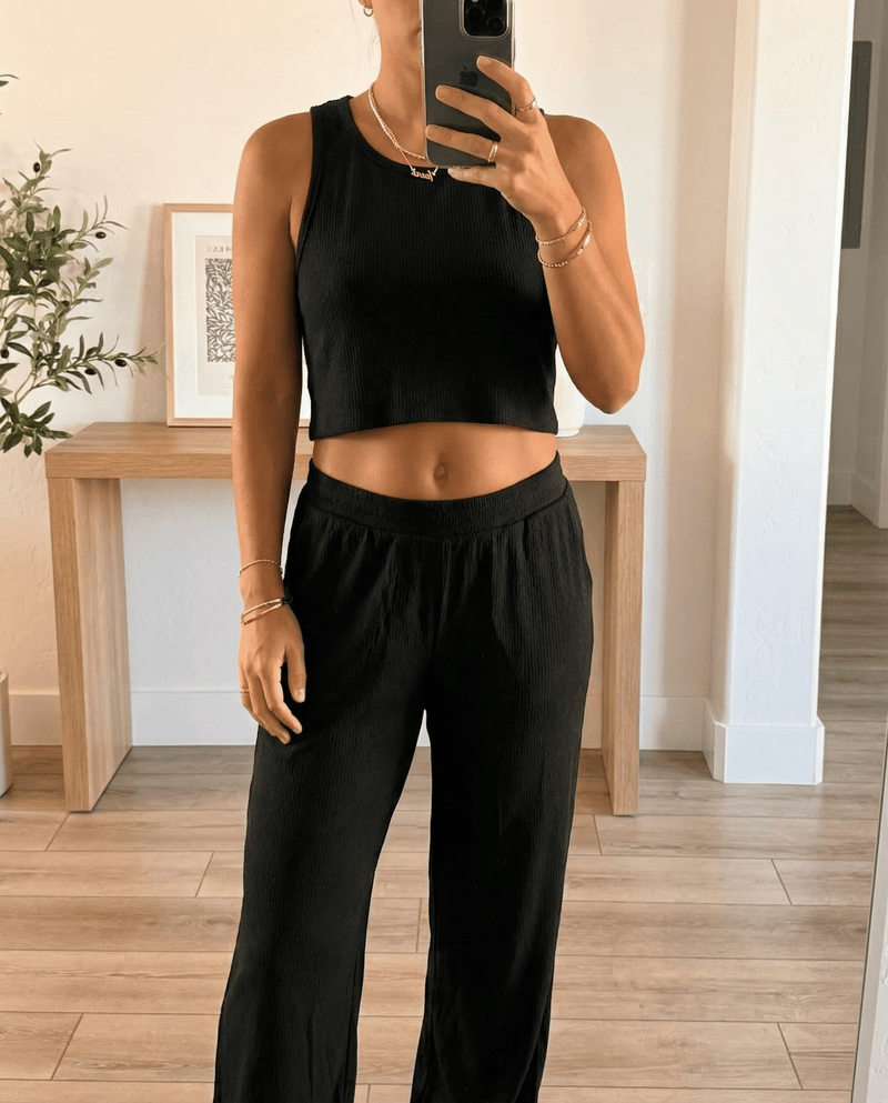 MAMMA BLACK RIBBED LOUNGE SET – WIDE-LEG PANTS