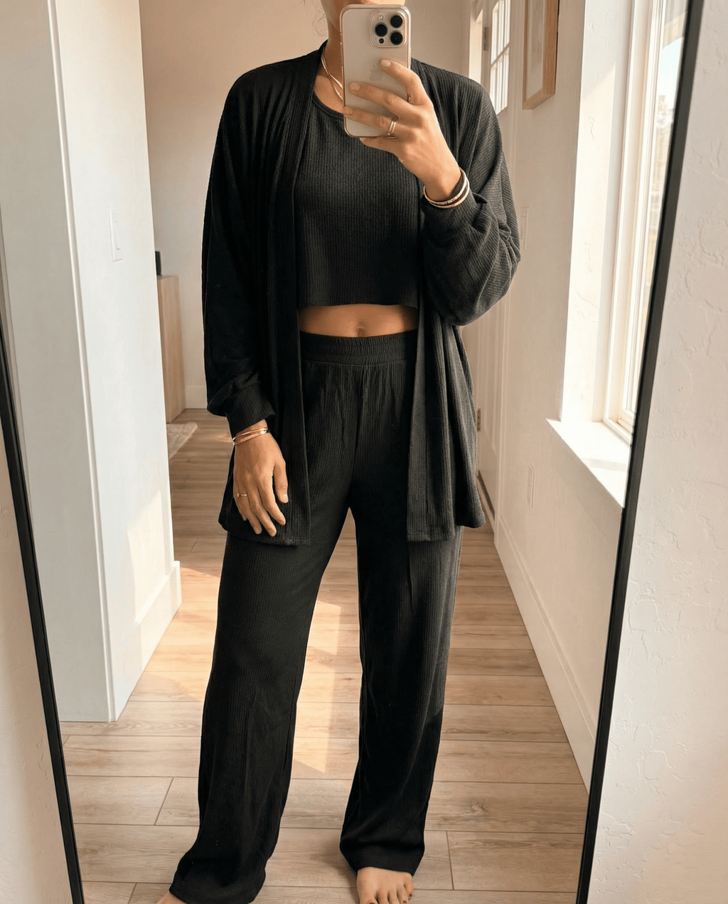 MAMMA BLACK RIBBED LOUNGE SET – WIDE-LEG PANTS