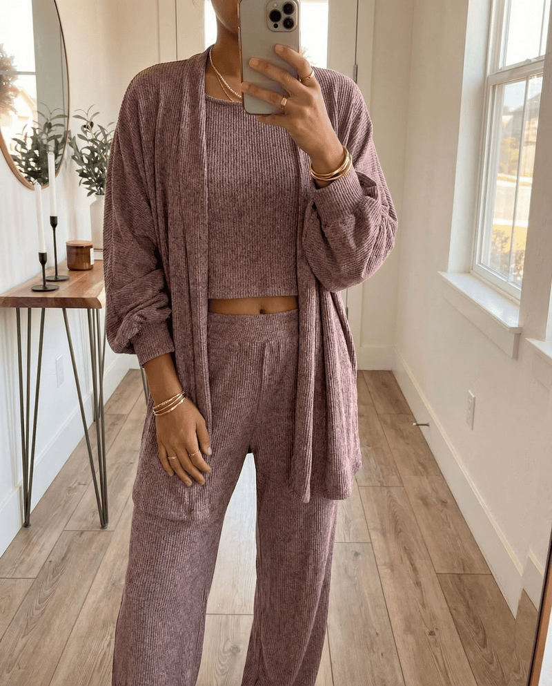 MAMMA RASPBERRY PINK RIBBED LOUNGE SET – WIDE-LEG PANTS