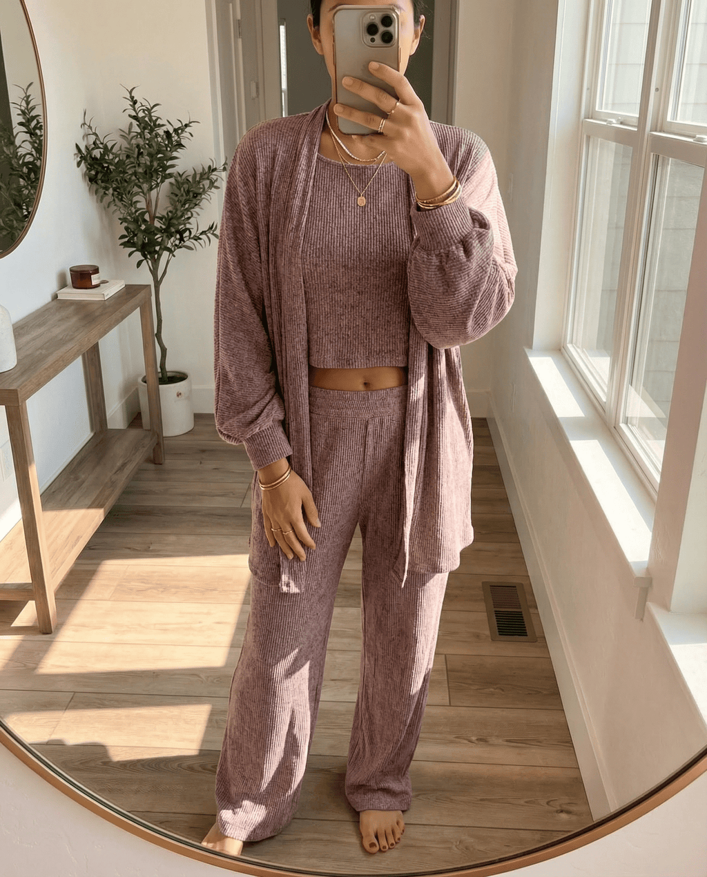 MAMMA RASPBERRY PINK RIBBED LOUNGE SET – WIDE-LEG PANTS