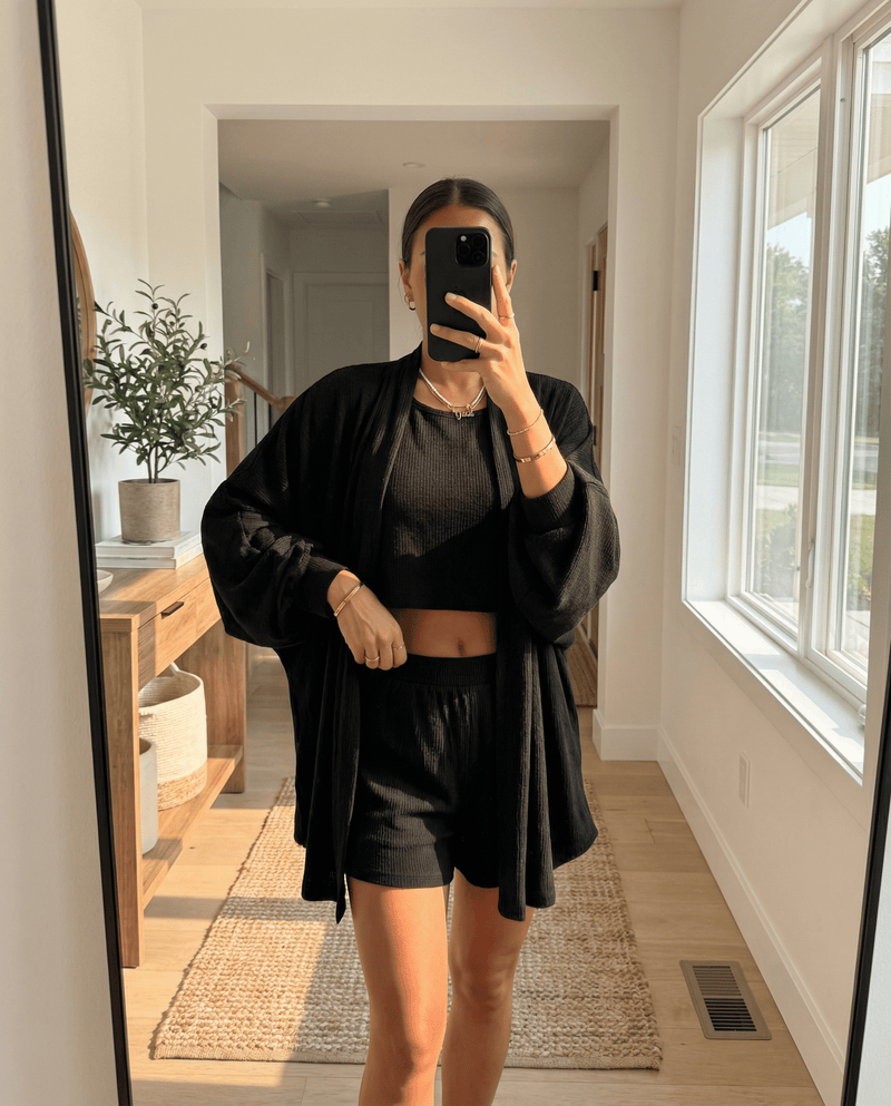 MAMMA BLACK RIBBED LOUNGE SET – SHORTS