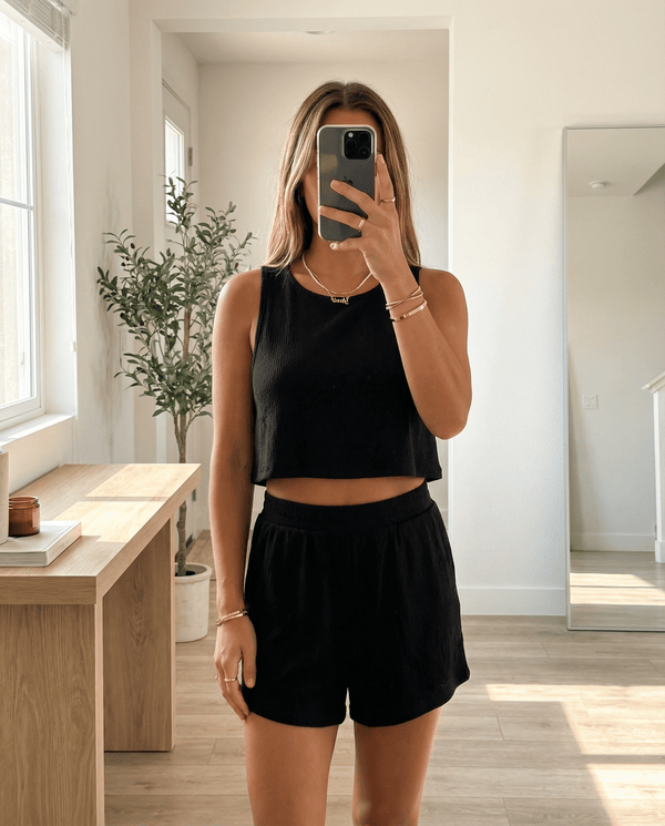 MAMMA BLACK RIBBED LOUNGE SET – SHORTS