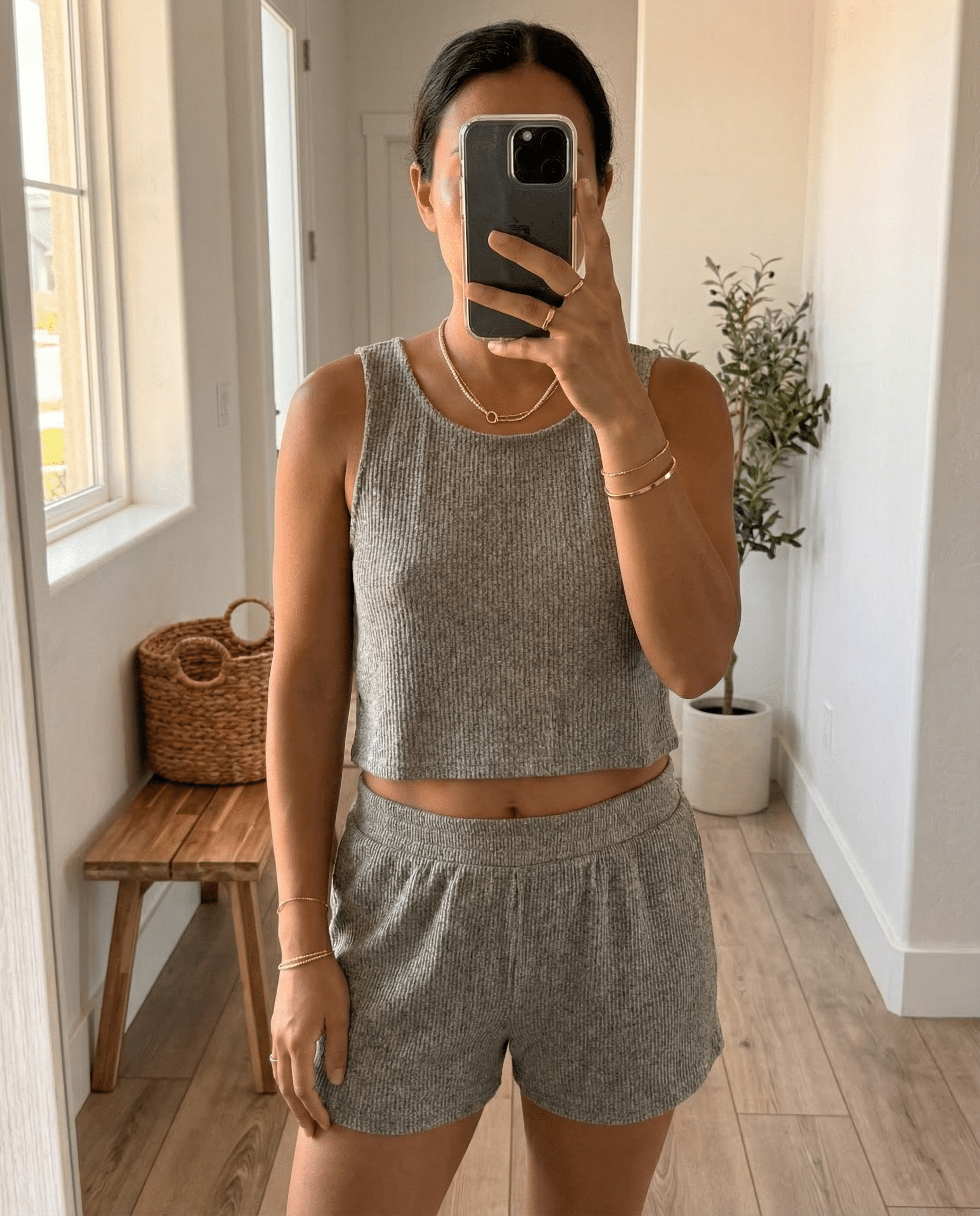 MAMMA HEATHER GREY RIBBED LOUNGE SET – SHORTS