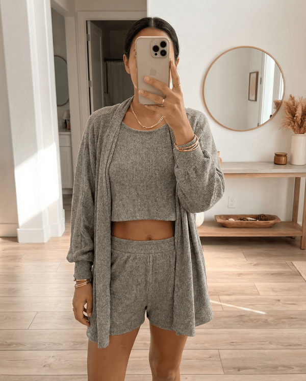 MAMMA HEATHER GREY RIBBED LOUNGE SET – SHORTS