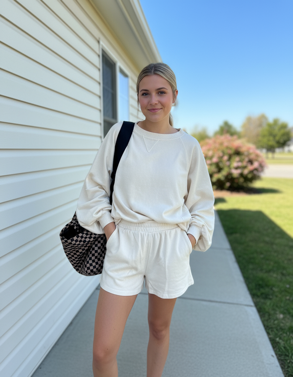 MAMA FRENCH TERRY CREWNECK SHORT SET (CREAM)